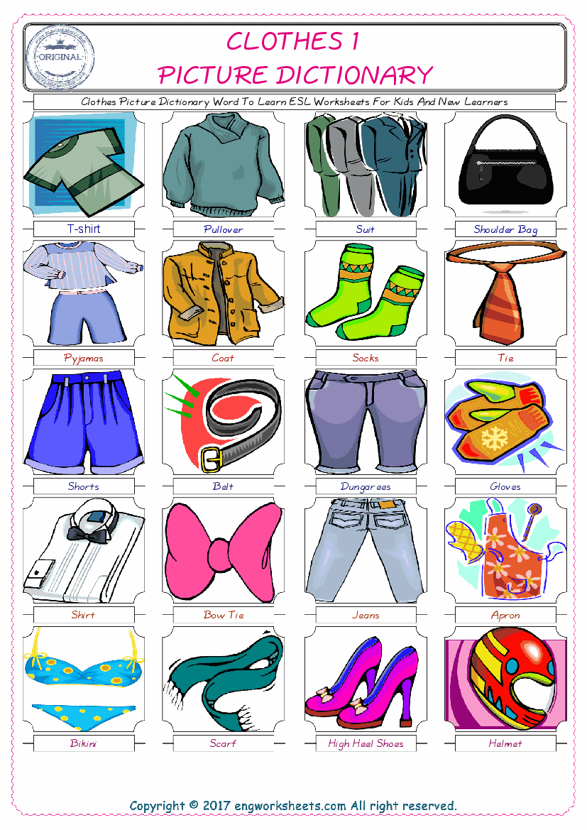  Clothes English Worksheet for Kids ESL Printable Picture Dictionary 